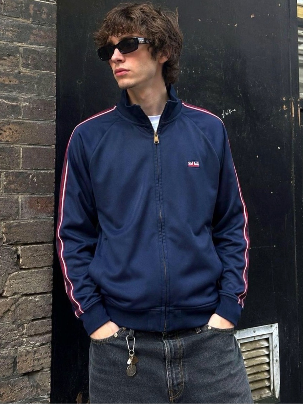 Ben Sherman Navy Track Jacket with Red-Trim Shoulder Stripes